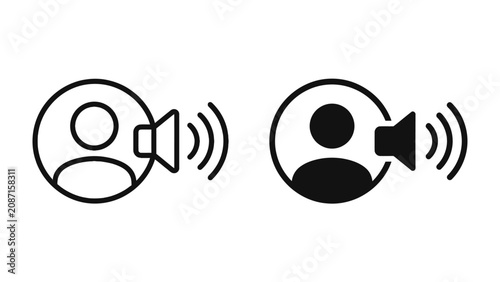 Tableau sur toile Voice Communication Icons: Two simplified icons represent voice communication, featuring a user profile silhouette next to a speaker emitting sound waves, symbolizing audio output or broadcasting