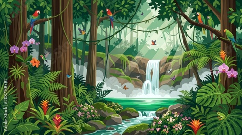 Tropical jungle, lush rainforest, waterfall scene, green foliage, exotic plants