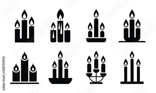 Obraz na płótnie Burning candle flame icon set black silhouette vector graphic design