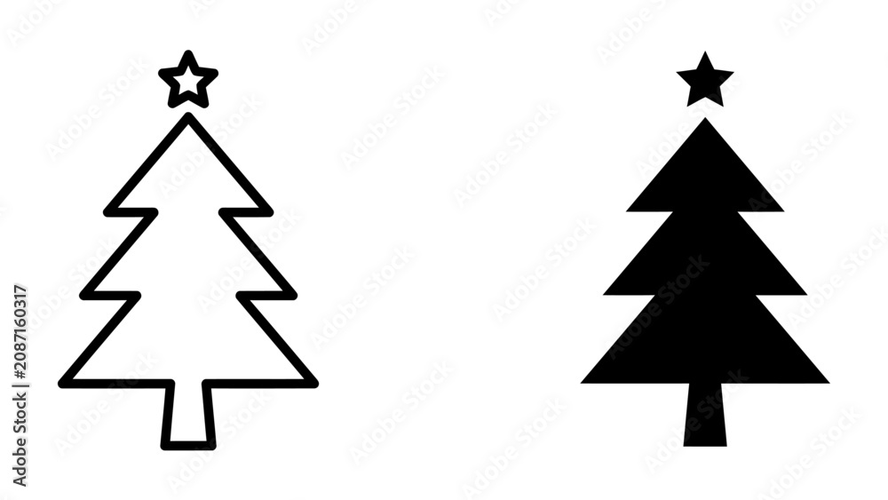 Obraz premium Christmas Tree Icons: Simple outline and silhouette icons of a festive Christmas tree, complete with a star topper, representing holiday cheer and seasonal celebrations.