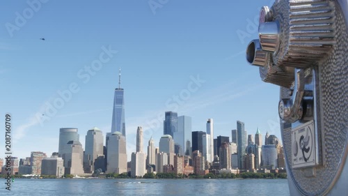 New York City Manhattan Downtown Financial District skyline, World Trade Center from New Jersey Liberty state park, United States. Hudson river waterfront cityscape, skyscraper buildings, tower viewer