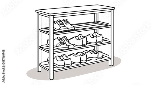 Shoe rack with sneakers on white background.