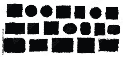 Grunge brush template set with rectangular, square and round shapes.  Ink pen rectangles squares circles ovals collection. black ink brush. 
