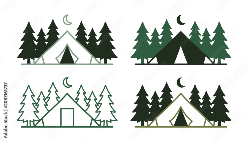 Obraz premium Camping tent in pine forest vector icon set. Pine trees, crescent moon, night camp, silhouettes, linear outlines and outdoor adventure travel logos.
