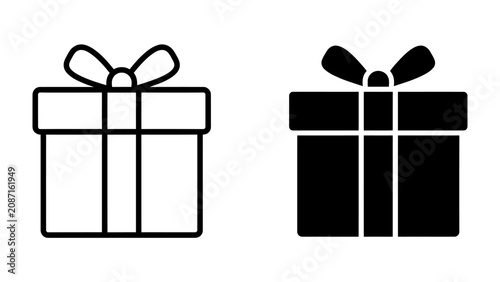 Foto Gift Box Icon Set: A minimalist illustration presenting two gift box icons, one outlined in black and white, the other a solid black silhouette, both adorned with a ribbon and bow