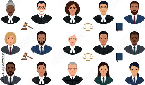 Quadro su tela Diverse legal professionals avatar vector set featuring multiethnic judges in robes and lawyers in suits with scales of justice icons on white background