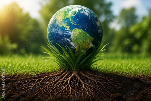 Earth globe resting on soil with roots in green outdoor setting