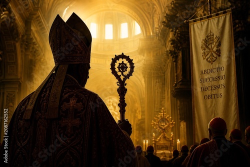 Religious leader holding crozier during ceremony inside cathedral
