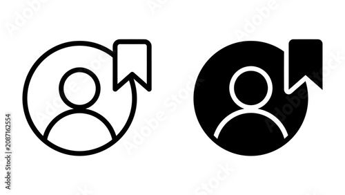 User Profile Bookmark Icon: A minimalist representation of a user profile icon with a bookmark symbol, available in both outline and solid black, signifying saved or favorite profiles.