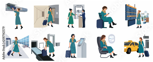 Foto Set of flat vector illustrations of a woman traveling through the airport from check-in to arrival by taxi