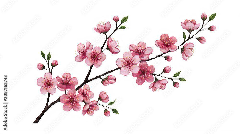 Fototapeta premium Delicate pink cherry blossom branches with fresh green leaves isolated on transparent background transparent background