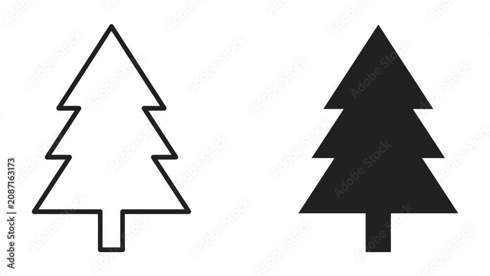 Obraz premium Christmas Tree Icon: A graphic representation of a Christmas tree, shown in both outline and solid black form.