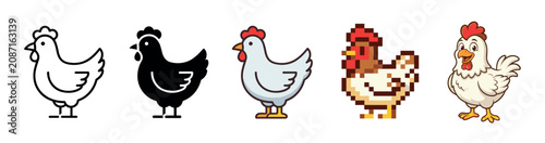 Five different chicken illustrations showcasing various artistic styles including outline, silhouette, cartoon, pixel art, and a friendly character design.
