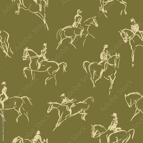 Seamless pattern with hand drawn illustrations of horses, line art sketches