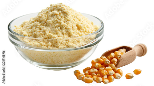 Glass bowl filled with cornmeal next to wooden scoop and kernels on transparent background