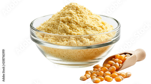 Glass bowl filled with cornmeal and corn kernels on transparent background
