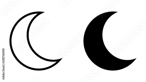 Tableau sur toile Crescent Moon Icons: A simple graphic representation of a crescent moon, shown in both outline and solid black forms, symbolizing night or waxing/waning phases