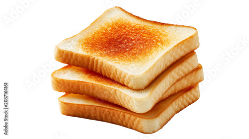 Stack of toasted white bread slices isolated on transparent background with one burnt slice on top