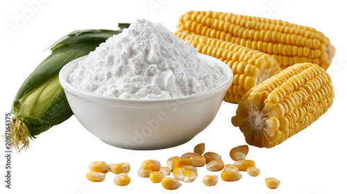 Cornmeal in a bowl with corn on the cob and kernels on a transparent background