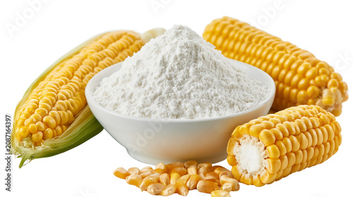 Corn flour in a bowl with corn on the cob and kernels isolated on transparent background