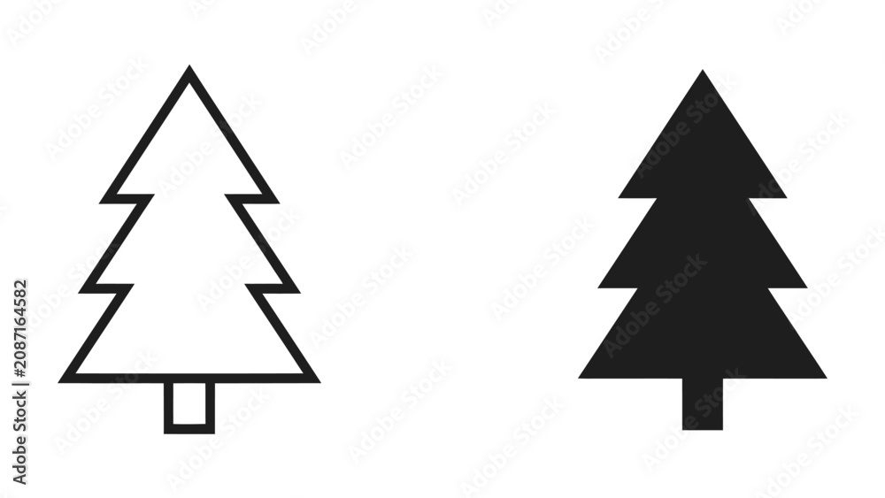 Fototapeta premium Conifer Icon Pair: A minimalist graphic representation of two conifer trees, one outlined in black and the other a solid black silhouette, symbolizing nature and growth.