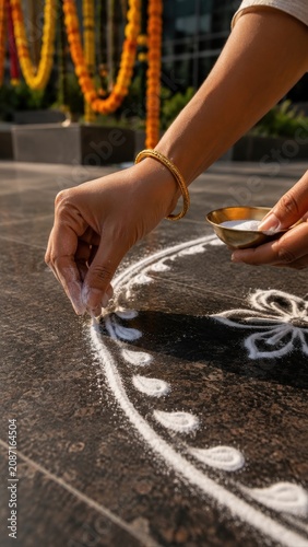 Hands Drawing White Rangoli Border for Diwali Office Entrance
