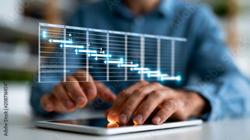 Faceless project manager using a tablet with glowing digital project timeline and Gantt chart icons floating above the screen, task dependency arrows milestone markers and progress