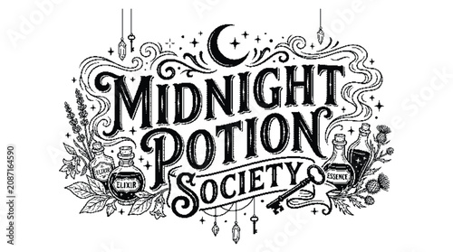 Cuadro en lienzo Midnight potion society magical illustration with bottles and herbs