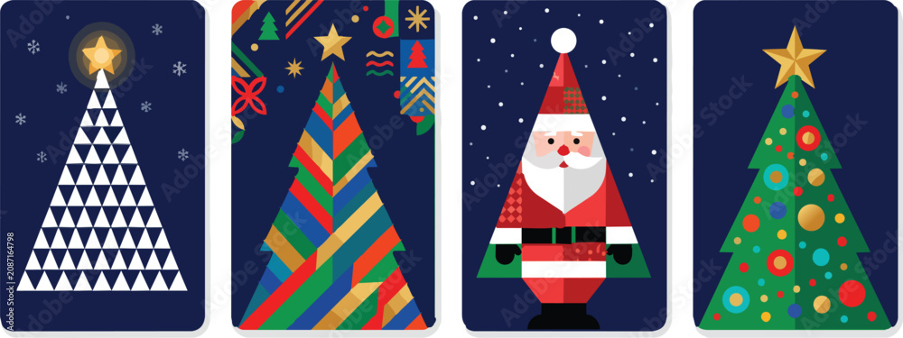 Fototapeta premium Colorful minimalist christmas trees and santa claus flat vector illustration design elements on transparent background