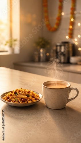 Steaming Chai with Savory Indian Snack Mix in Festive Office