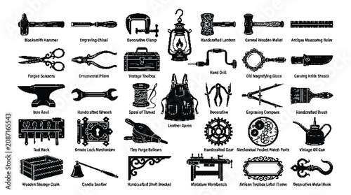 Bild auf Leinwand Vintage handcrafted woodworking and blacksmith tool icons