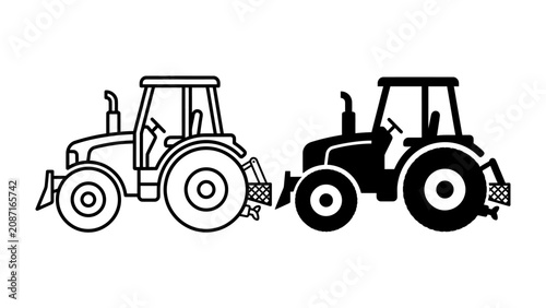 Photos Tractor Icon: Two stylized tractor icons, one outlined and one filled silhouette, represent agricultural machinery