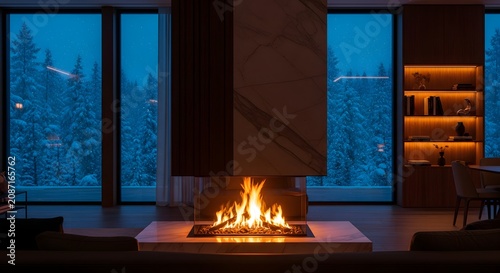Modern living room with fireplace and snowy forest view