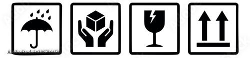 Flat icon set of 4 shipping and packaging symbols featuring keep dry, handle with care, fragile and this side up warnings for logistics design