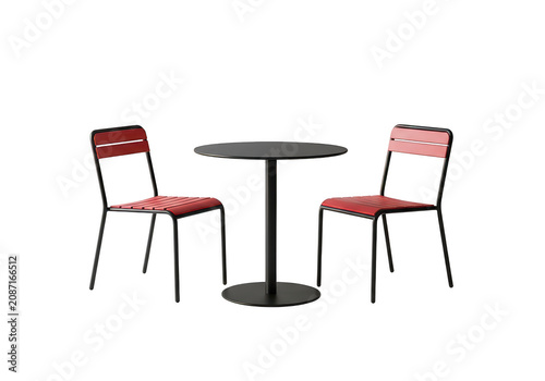 Bistro style table set with red wooden chairs and black base.