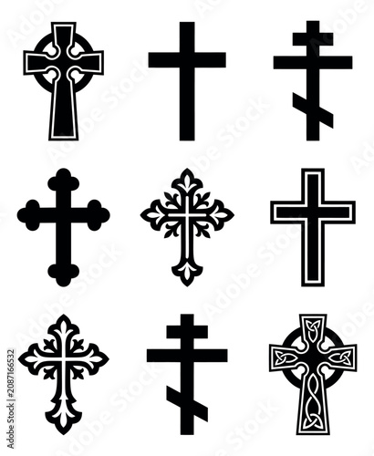 Flat silhouette icon set of 9 christian crosses featuring celtic, orthodox, floral and decorative styles for religious design