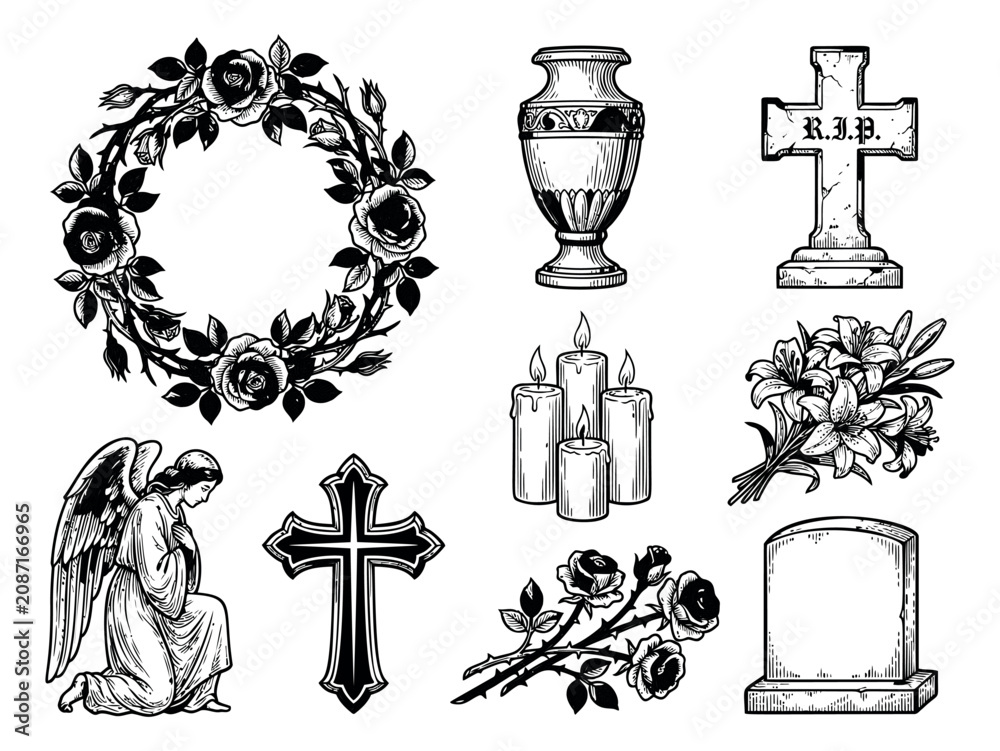Obraz premium Engraving icon set of 10 funeral and memorial symbols featuring wreath, urn, angel, cross and gravestone for mourning design