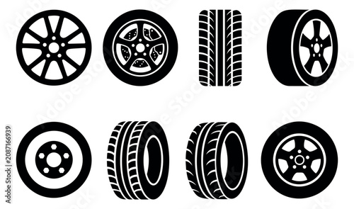 Silhouette icon set of 8 car tires and wheels featuring tread patterns and alloy rim designs for automotive industry use