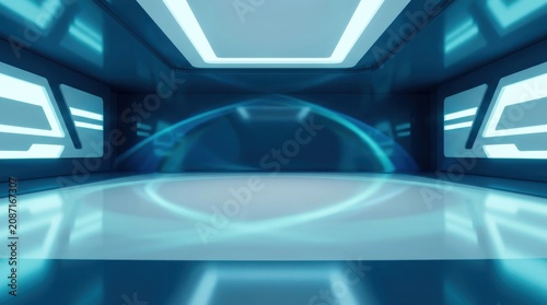 Futuristic sci fi interior room with glowing blue neon lights and abstract circular energy rings on a reflective floor