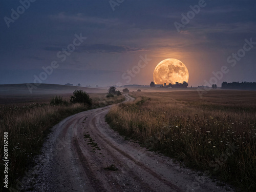 Harvest moon above winding country road through rural fields at dusk landscape photography
