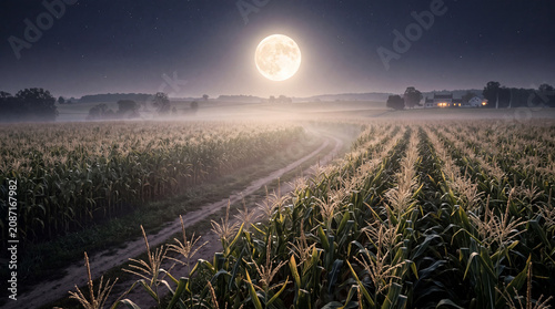 Corn field beneath harvest moon with winding country road in misty rural night landscape photography