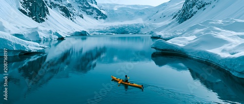Lone kayaker glides through icy blue waters. 64k 8k widescreen, HDR