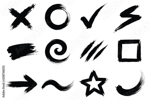 Collection of hand drawn grunge brush stroke icons and shapes with handdrawn elements checkmarks artistic abstract sketches collection distressed patterns creative branding