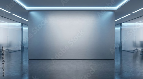 Modern minimalist office interior with a large blank metallic wall for corporate branding and professional presentation