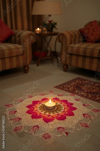 Decorative Candle on Colorful Design in Living Room During Evening Time