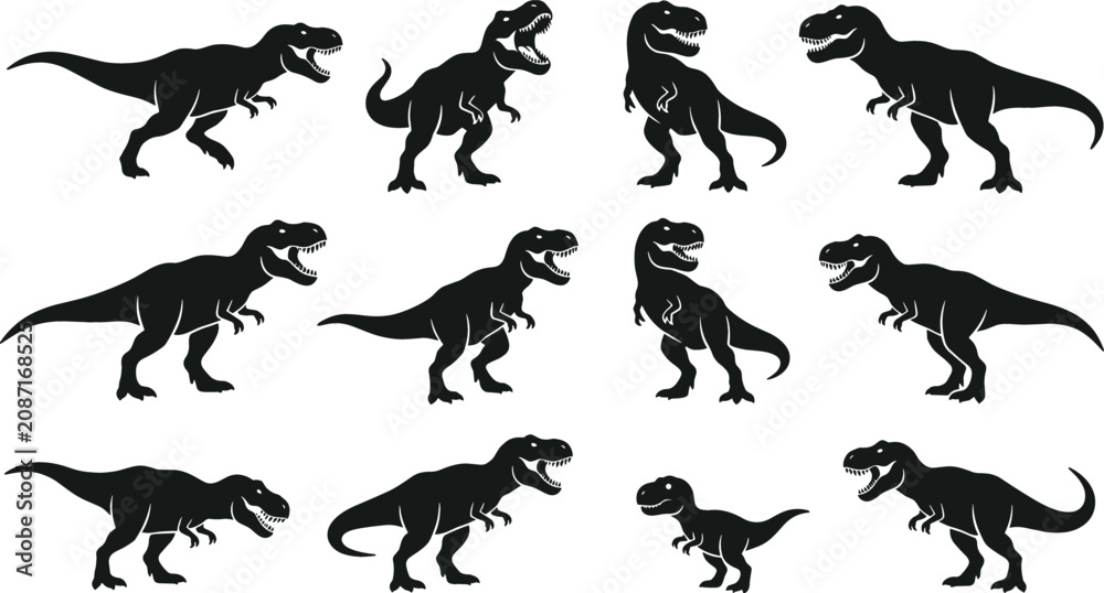 Obraz premium Tyrannosaurus Rex Dinosaur Silhouette Vector Icon Set with Prehistoric Angry T-Rex Predators for Jurassic Wildlife Museum Education and Monster Graphic Designs