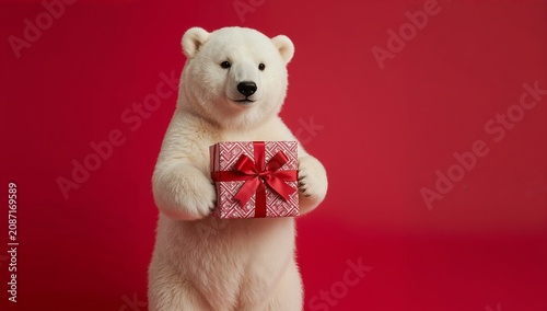 Polar Bear Holds a Gift Box on a Red Background During Winter Season