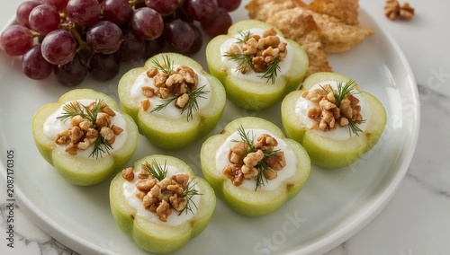 Fruit Platter With Green Apples, Walnuts, and Grapes on a White Plate