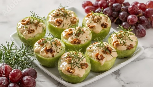 Cucumber Slices With Cream and Nuts Served With Grapes on a White Surface