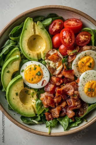 Fresh Salad With Avocados, Tomatoes, Eggs, and Bacon on a Wooden Table